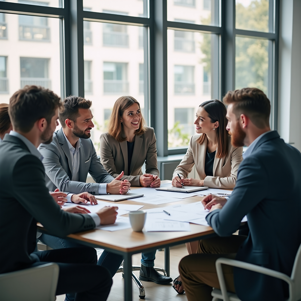 Image shows 5 people sitting around a table having a business meeting