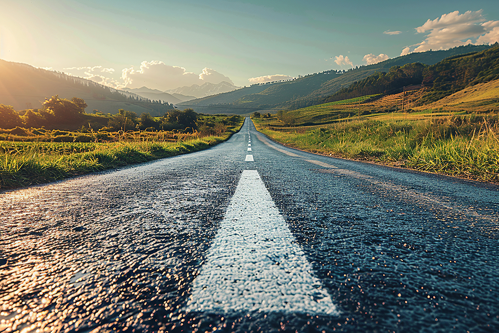 Image shows a road surrounded by green hills